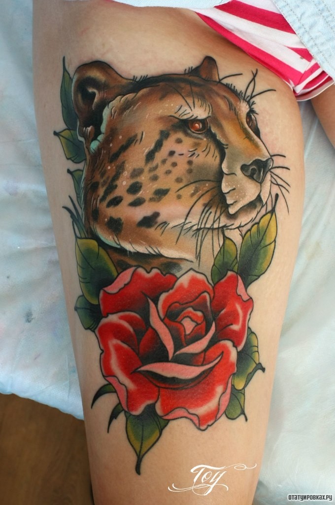 Фотография татуировки под названием «Гепард с розой»