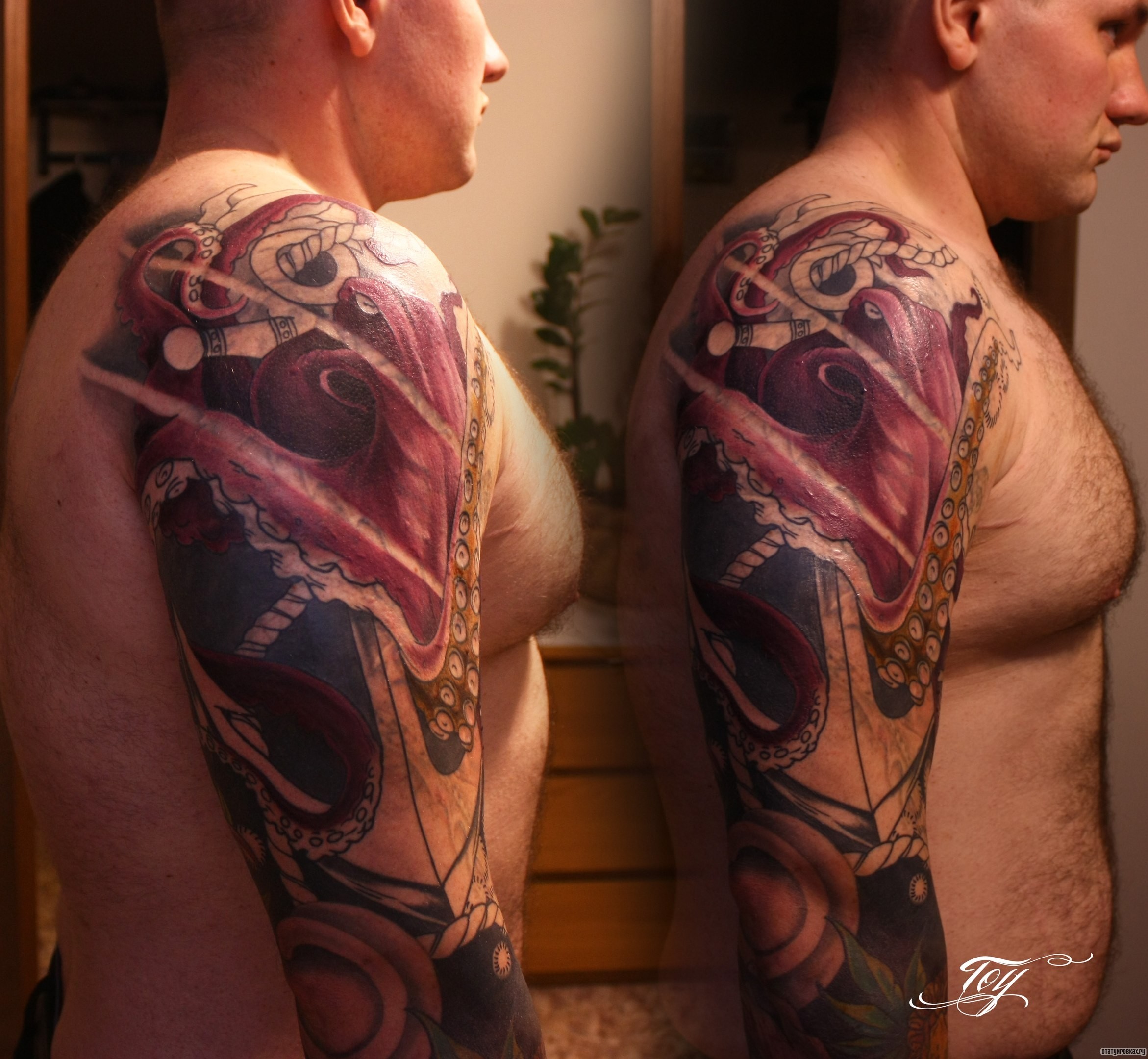 Фотография татуировки под названием «Осьминог с якорем»