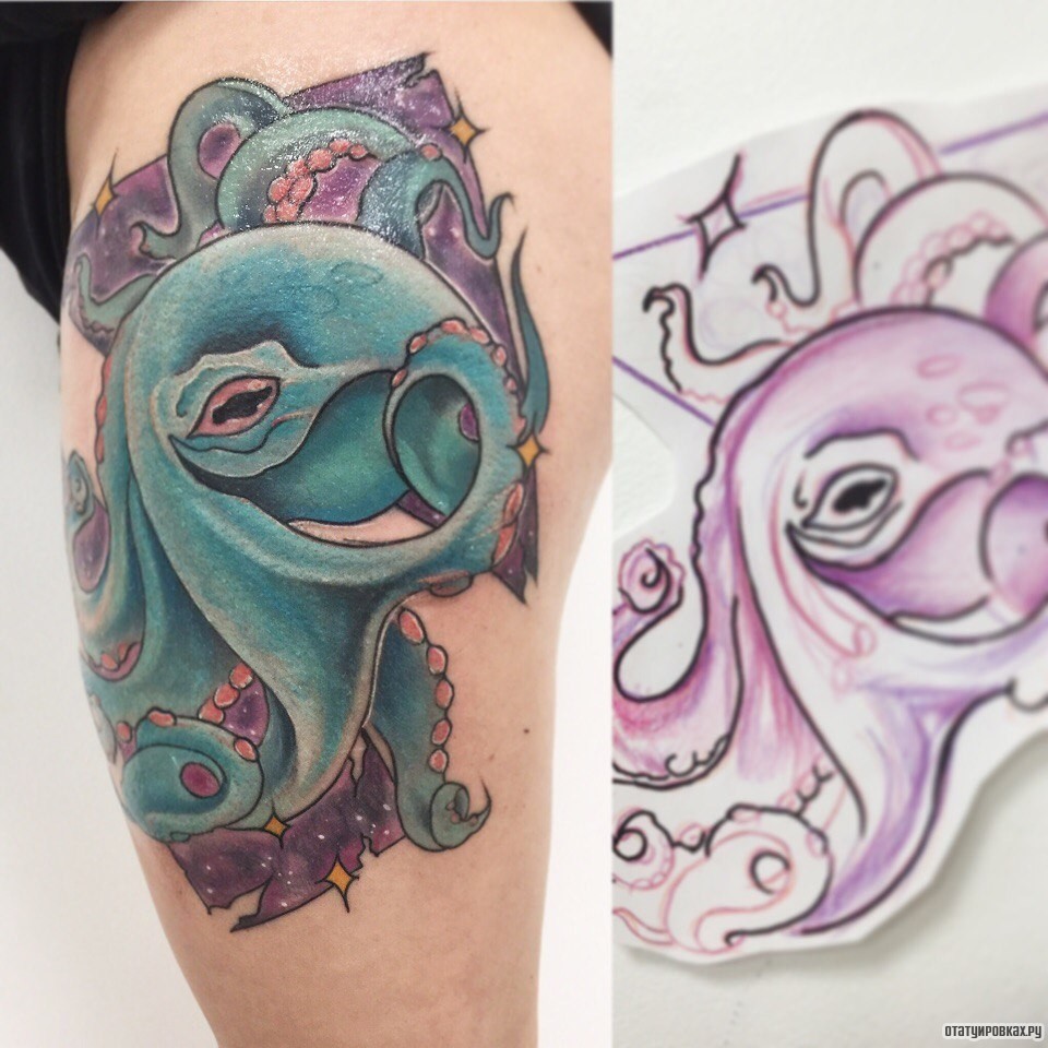 Фотография татуировки под названием «Синий осьминог на бедре»