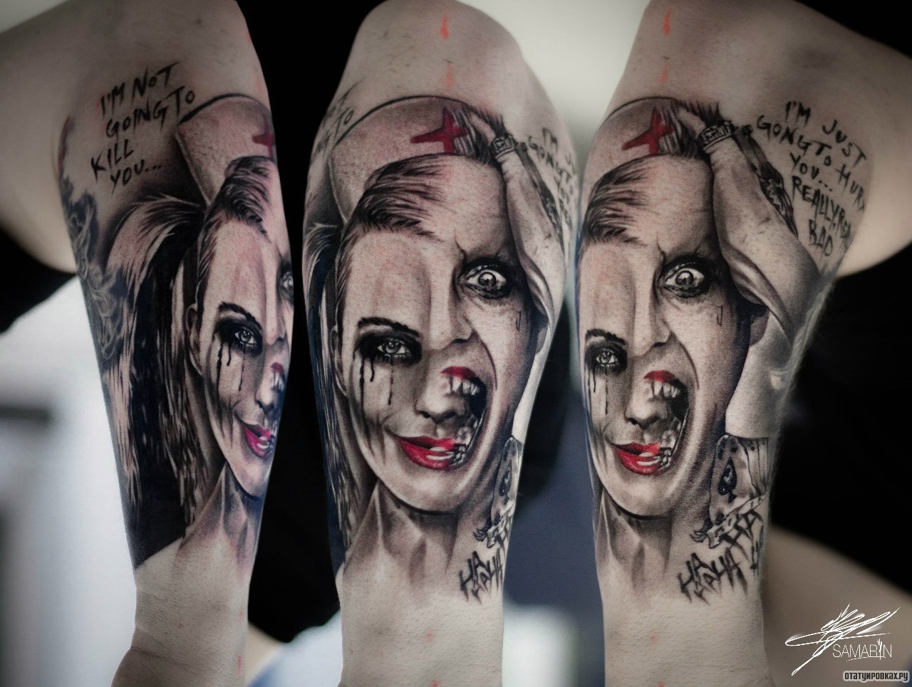 Фотография татуировки под названием «Съехавшее лицо на предплечье»