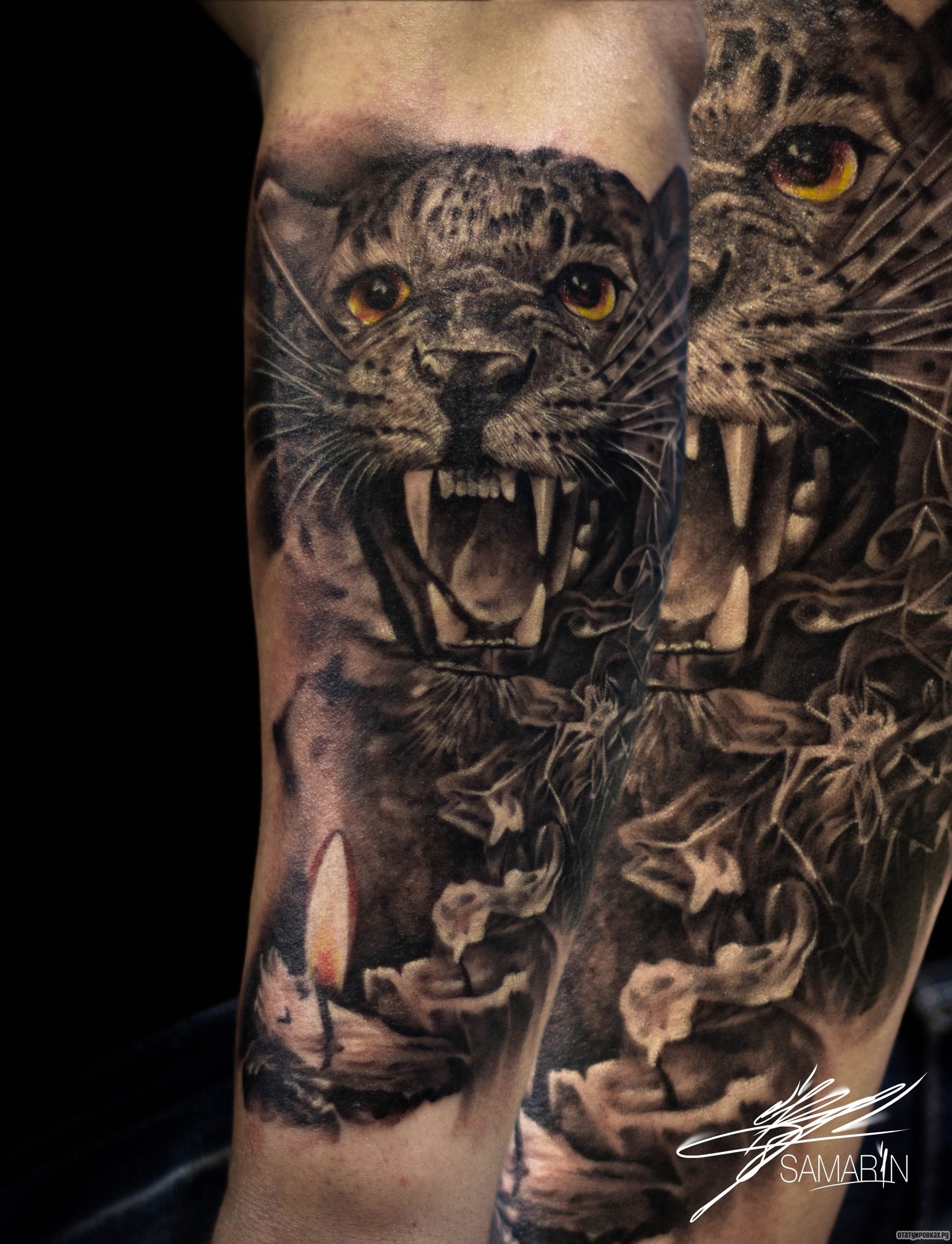 Фотография татуировки под названием «Оскал тигрицы со свечой на предплечье»