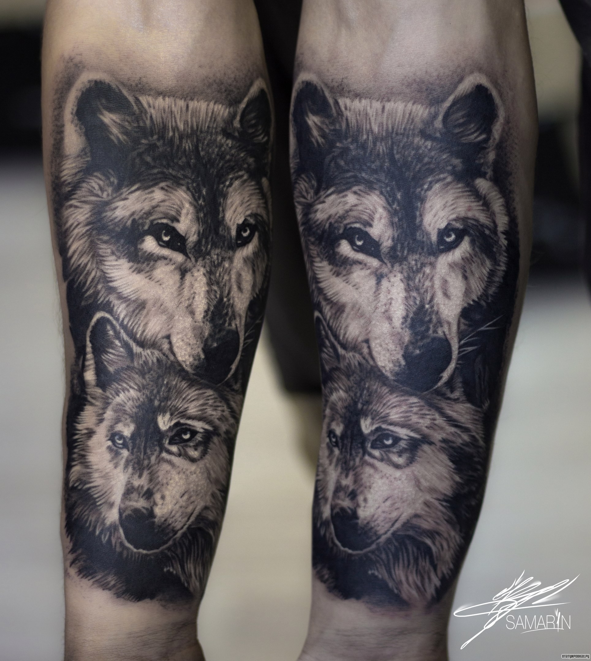 Фотография татуировки под названием «Два волка на предплечье»