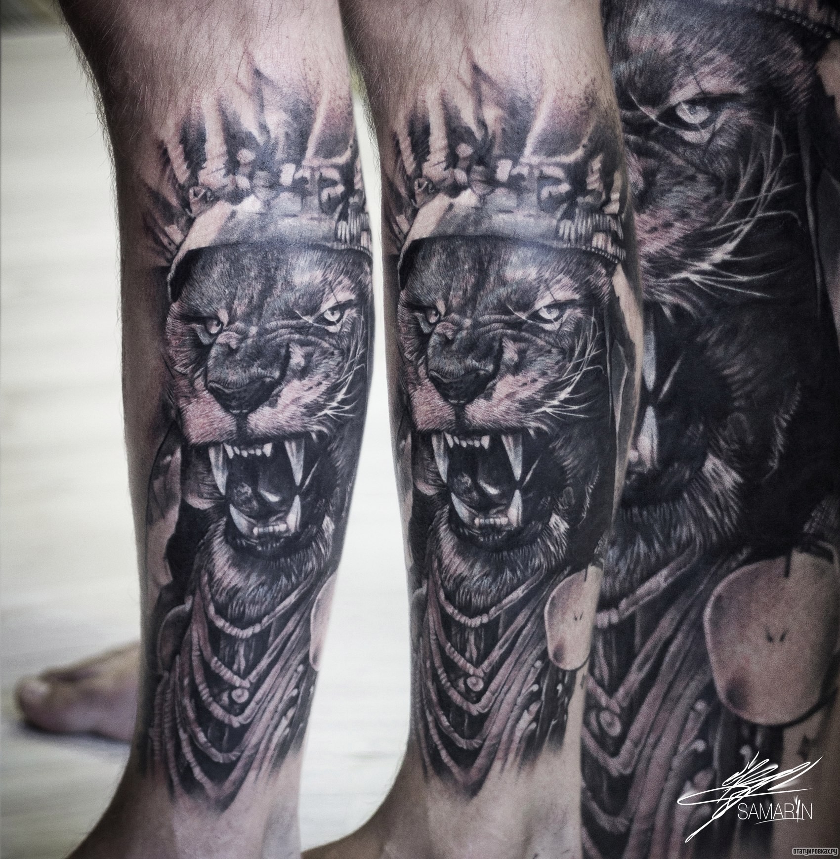 Фотография татуировки под названием «Оскал льва в короне на голени»
