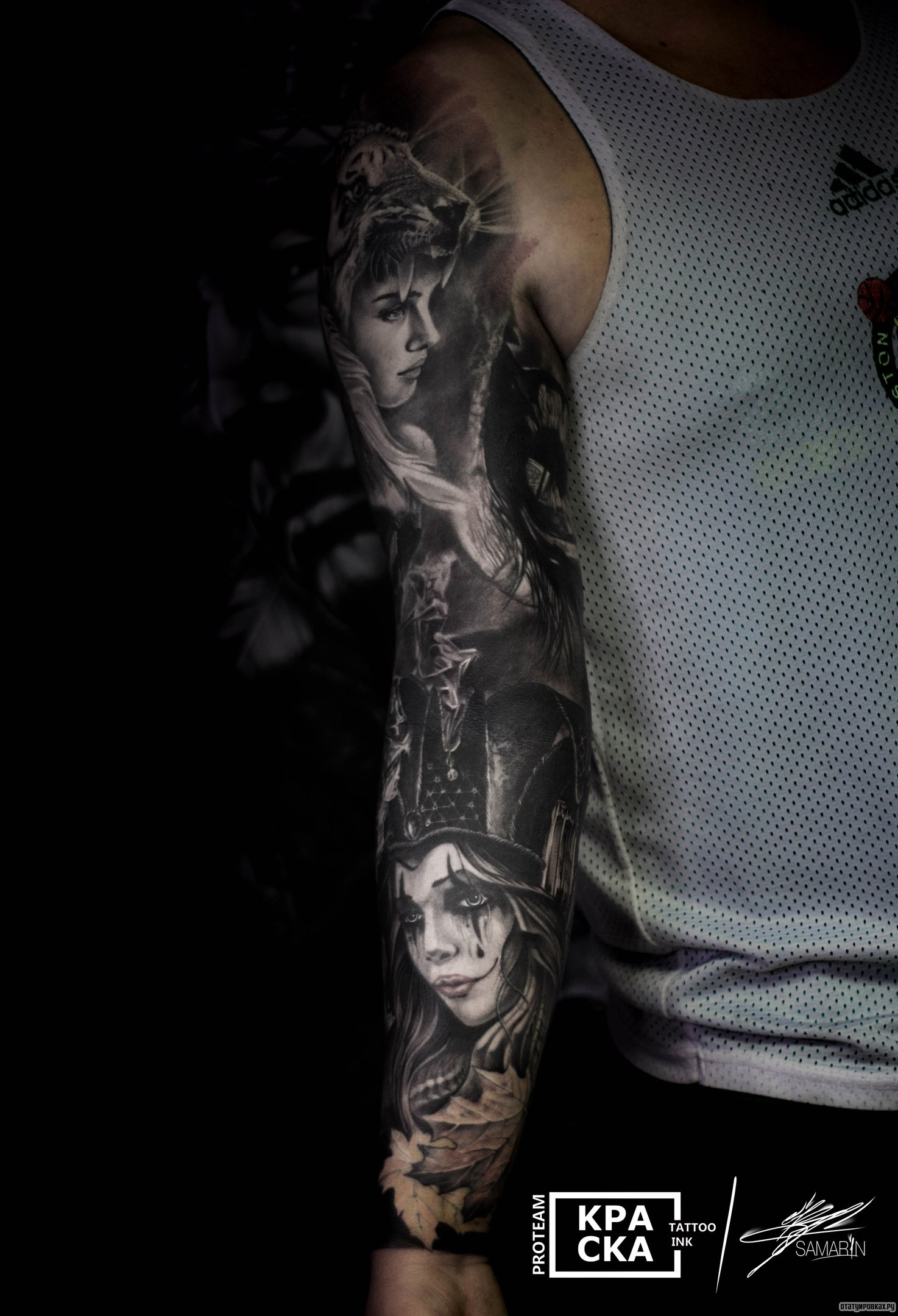 Фотография татуировки под названием «Две девушки рукав у парня»