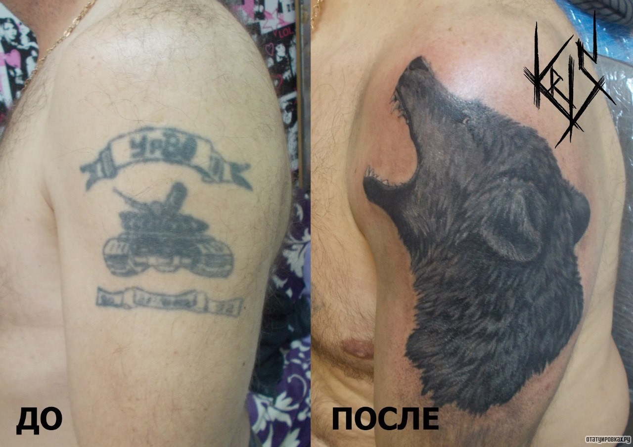 Фотография татуировки под названием «Волк воет на плече каверап»