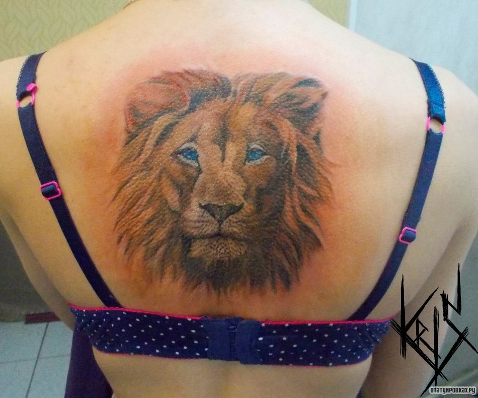 Фотография татуировки под названием «Большой лев на спине девушки»