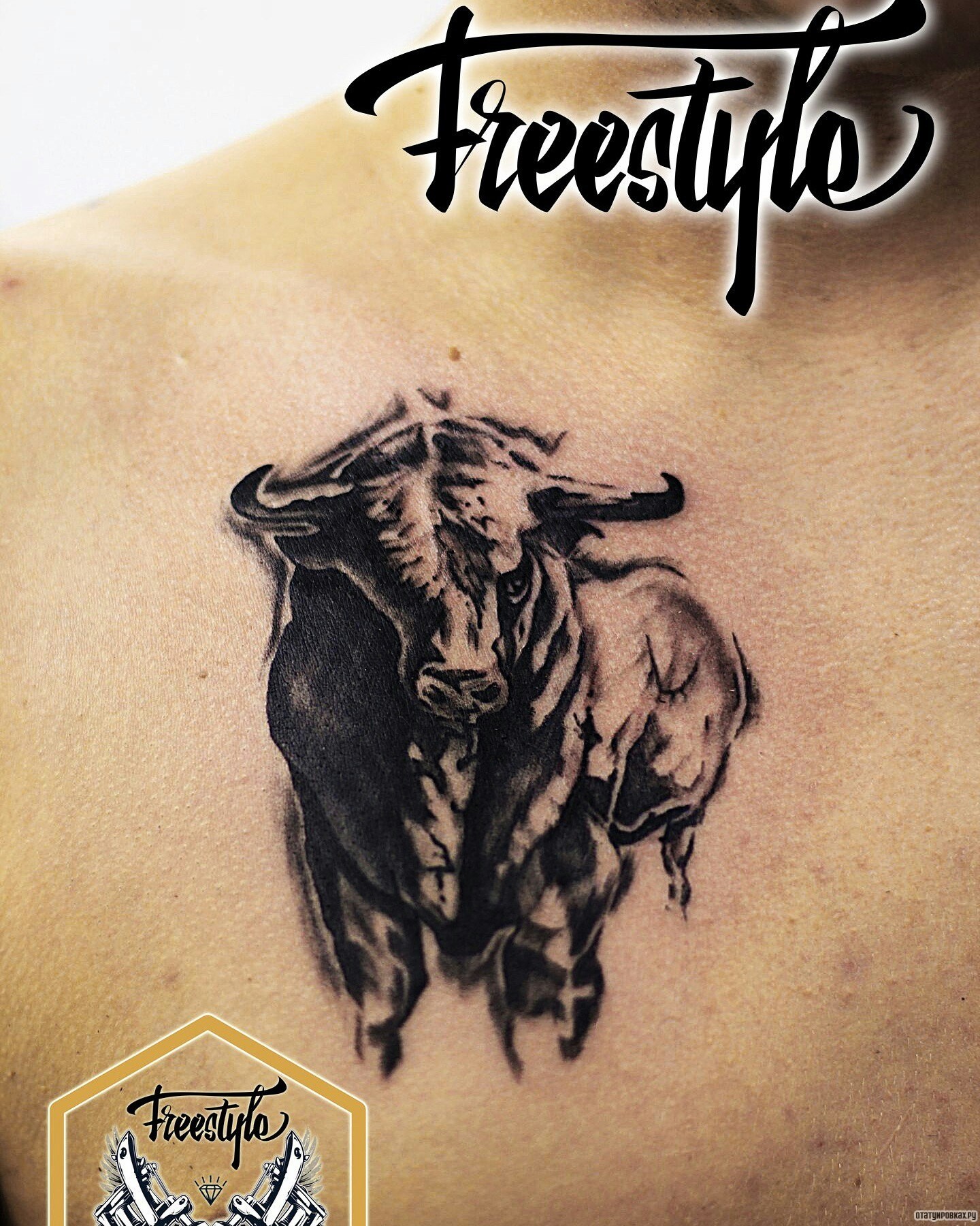 Фотография татуировки под названием «Бык на груди»
