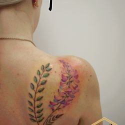 Тату веточка с листьями и цветами на плече девушки