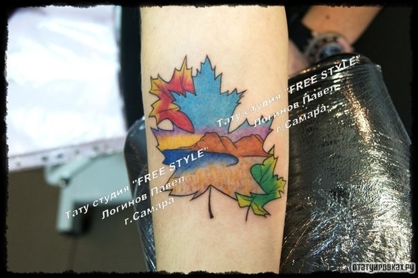 Фотография татуировки под названием «Листы клена с природой на предплечье»