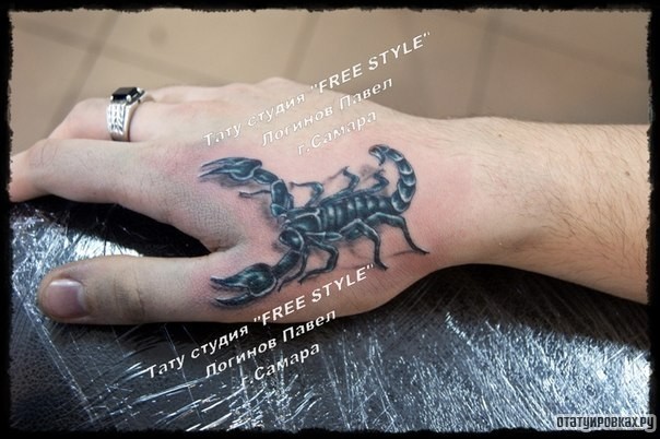 Фотография татуировки под названием «Скорпион на кисти руки»