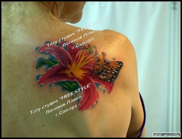 Фотография татуировки под названием «Бабочка на лилии, тату на лопатке у девушки»