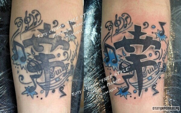 Фотография татуировки под названием «Иероглиф с нотами на голени»