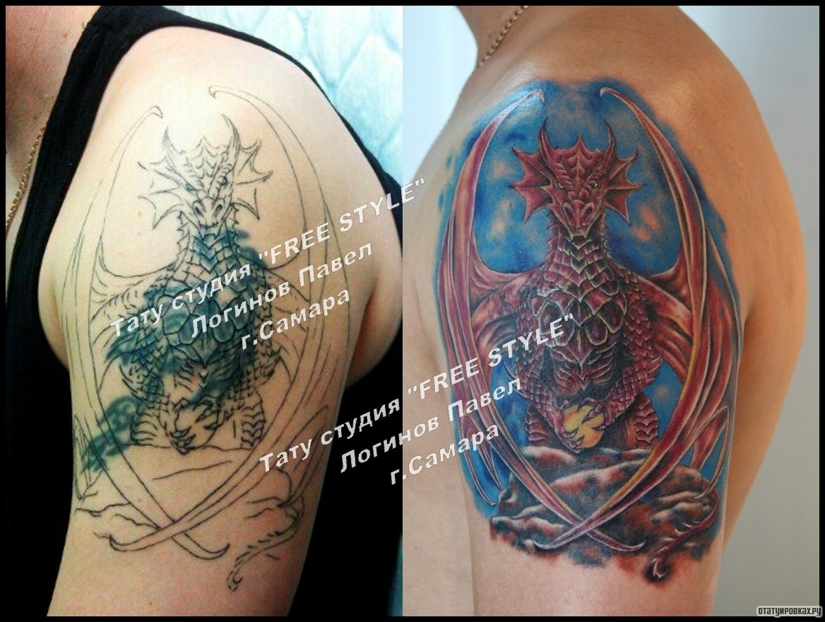 Фотография татуировки под названием «Дракон на фоне голубого неба на плече»