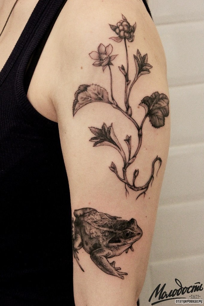 Фотография татуировки под названием «Ветка с цветами и лягушка»