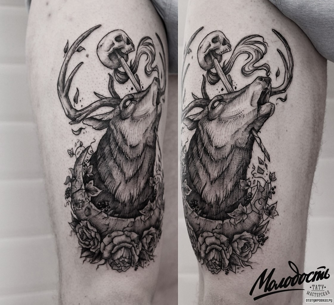 Фотография татуировки под названием «Убитый олень с черепом»