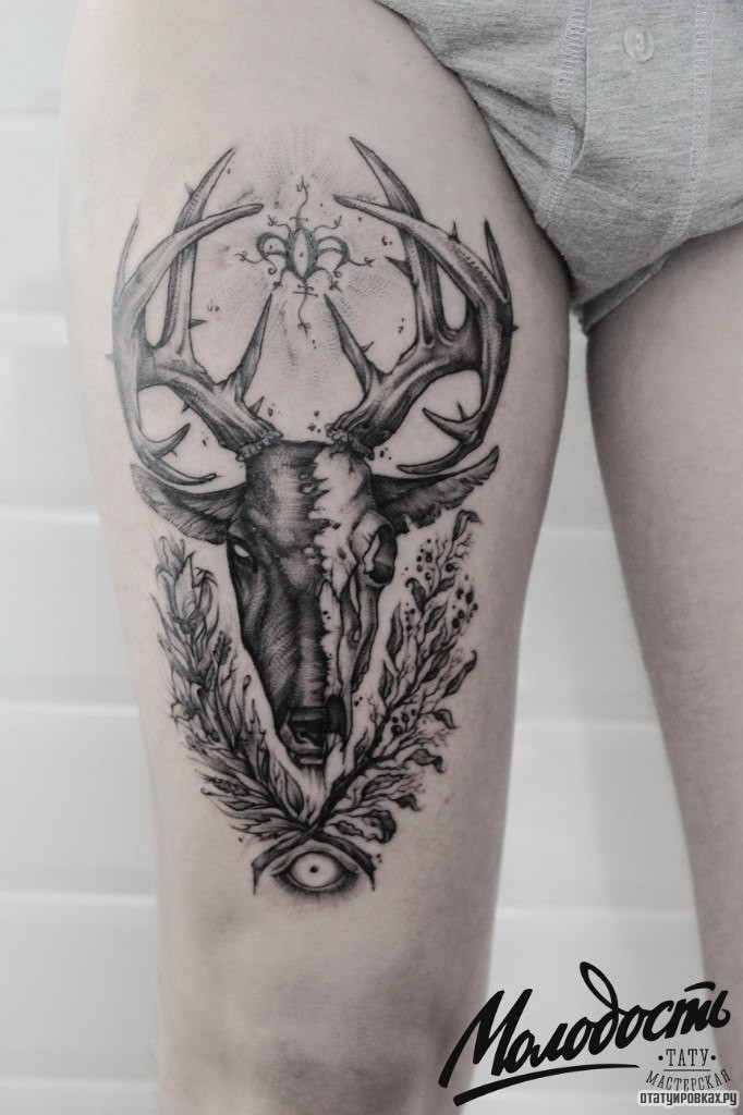 Фотография татуировки под названием «Череп оленя с рогами и две ветки с листьями»