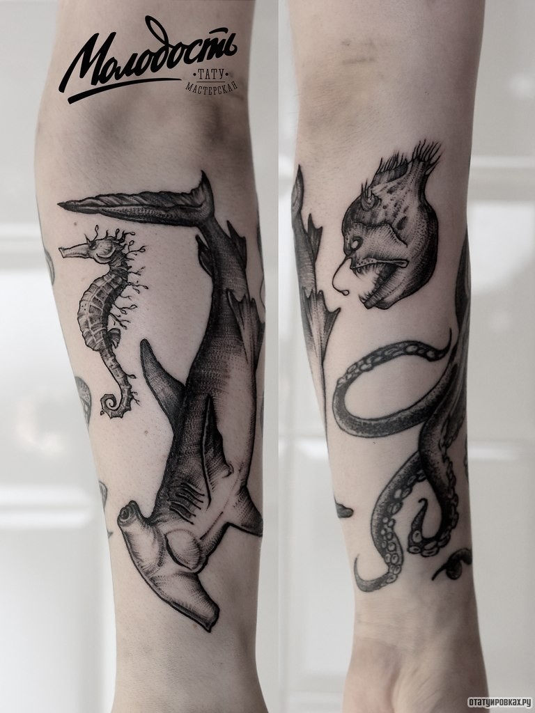 Фотография татуировки под названием «Акула молот, рыба черт, морской конек»