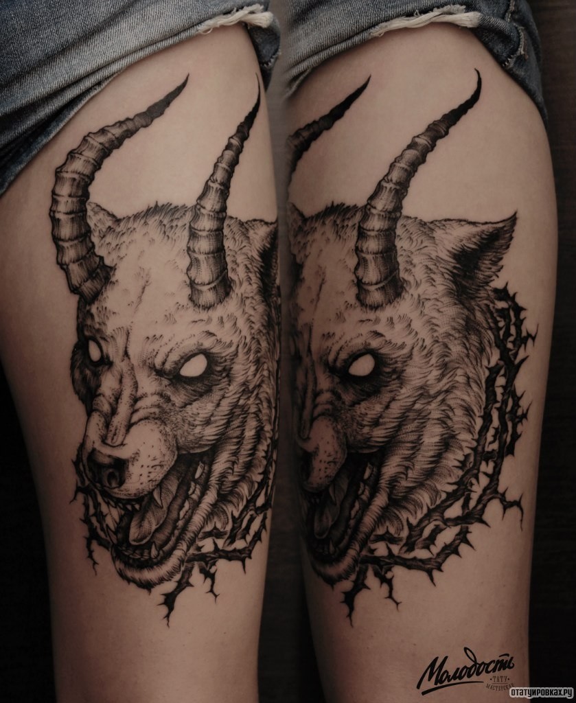 Фотография татуировки под названием «Черт в виде оскала волка с колючей проволокой»