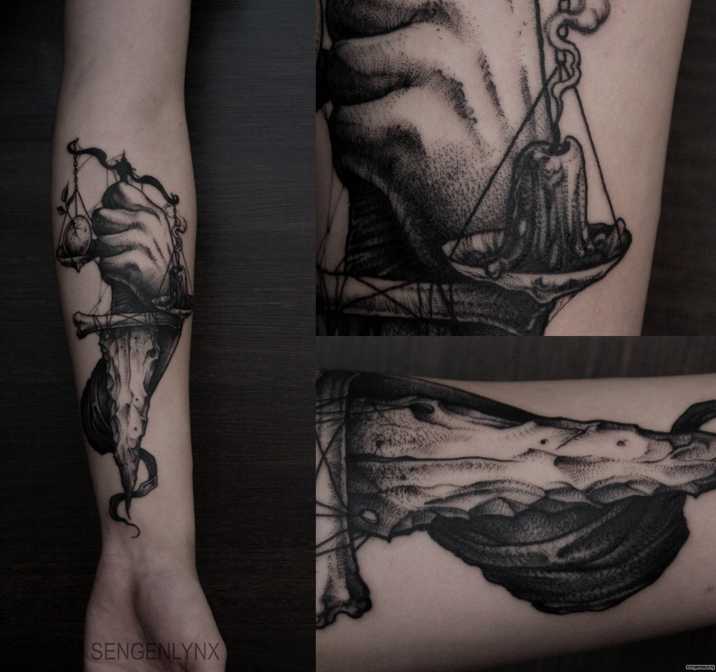 Фотография татуировки под названием «Свеча в руках с кинжалом и весами»
