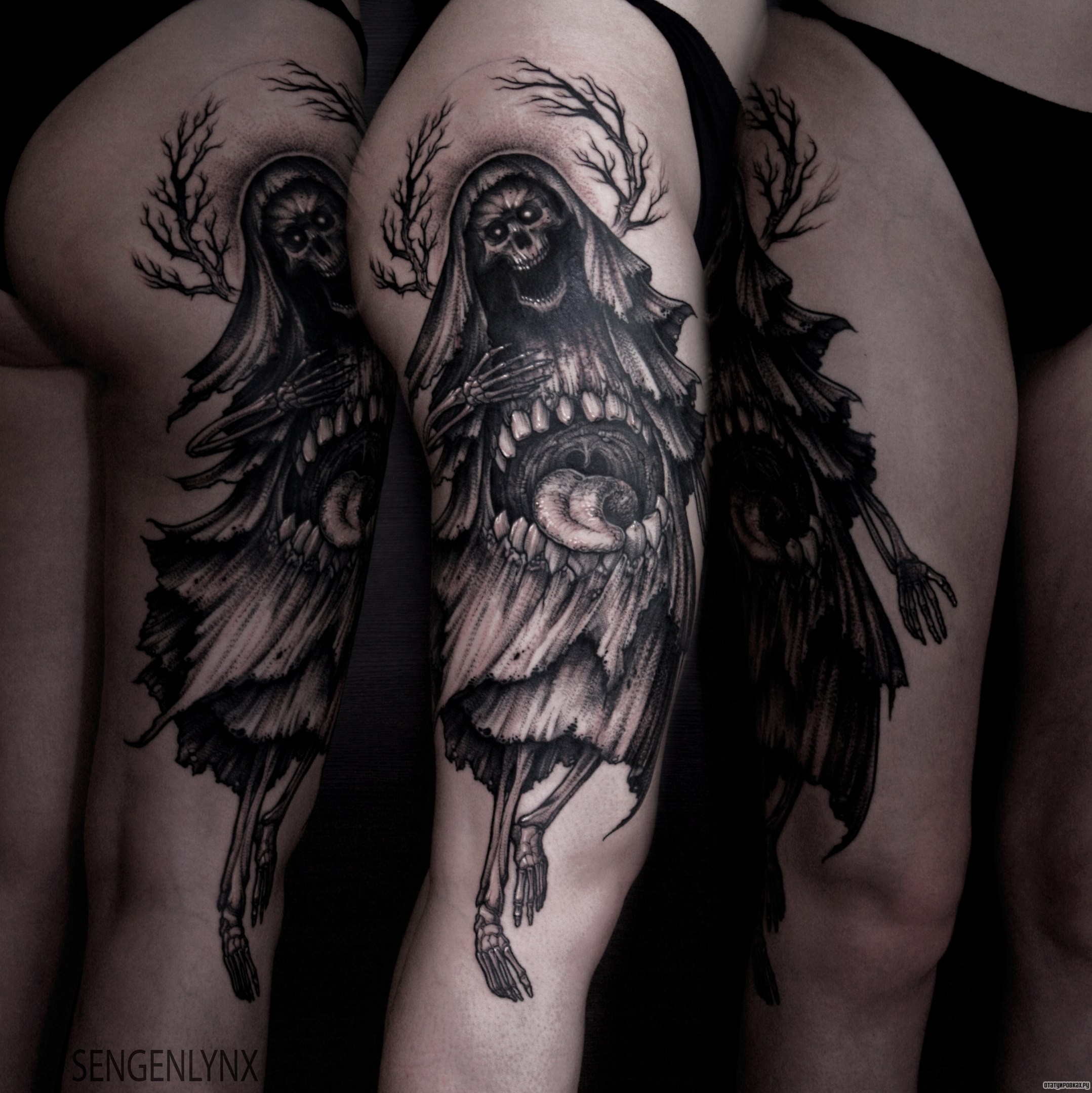 Фотография татуировки под названием «Рот и смерть на фоне дерева»